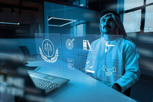 Professional man interacting with digital legal interface in modern office setting - Powered by Adobe