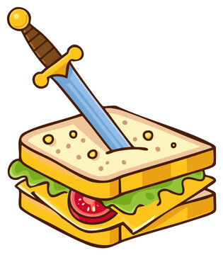 Naklejki Cartoon Sandwich Skewered with Sword  Fantasy Food and Weapon Illustration