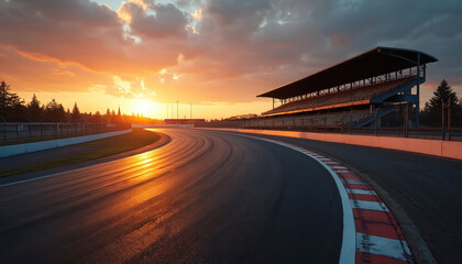 Fototapeta premium Empty race track at sunrise. Golden sunlight reflects on wet asphalt surface. Grandstand stands beside curved speedway. Red, white curb lines road. Dramatic sky with clouds covers horizon. Scene