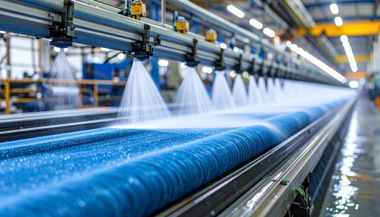 Textile manufacturing process Fabric being sprayed with water in a factory environment.