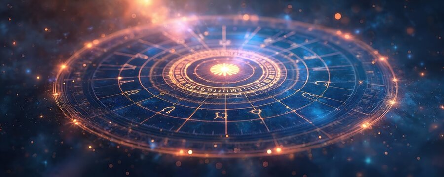 Cosmic zodiac wheel glows with bright stars and constellations in deep blue space. Astrological symbols form circular pattern with celestial energy. Mystic horoscope design.