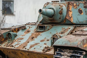 A detailed view of a rusted old military tank, highlighting the passage of time and history in military vehicles