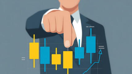 A businessman pointing at a candlestick chart, indicating market analysis, investment strategy, and financial forecasting for stock trading and economic trends