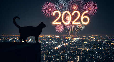 Black Cat Silhouette Watching New Year Fireworks Celebrating the Year 2026