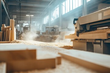 A woodworking factory filled with sawdust and machinery, illuminated by soft natural light streaming through large windows
