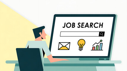 Illustration of a person using a laptop for job search, with icons representing email, ideas, and analytics, highlighting the online job hunting process