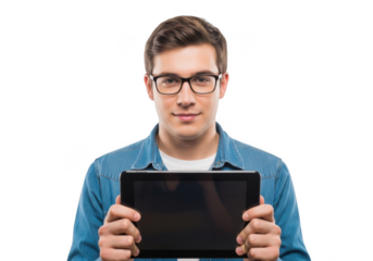 Young man wearing glasses and blue denim shirt holding a tablet computer with both hands isolated on transparent background