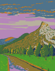 WPA style ukiyo-e or ukiyo illustration of Kofel, Matterhorn of Oberammergau in the Ammergau Alps Nature Park near Oberammergau, Bavaria, Germany done in retro works project administration style.