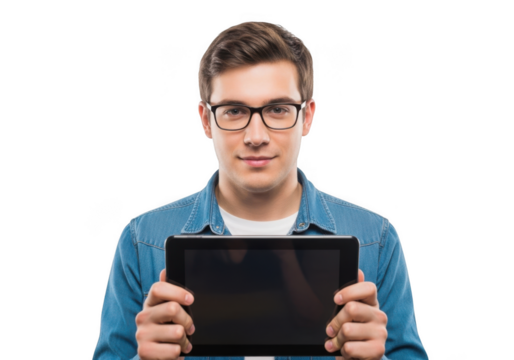 Young man wearing glasses and blue denim shirt holding a tablet computer with both hands isolated on transparent background