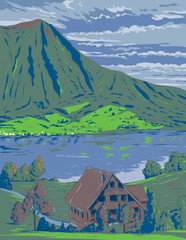 WPA style ukiyo-e or ukiyo illustration of a rural Swiss chalet in Lake Zug near Arth, Cham and Zug in Schwyz District in Switzerland done in works project administration or art deco style.