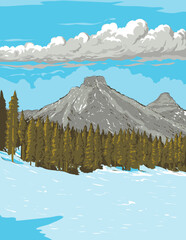 WPA style ukiyo-e or ukiyo illustration of Charleston Peak in Spring Mountains National Recreation Area, west of Las Vegas in southern Nevada USA done in retro works project administration style.