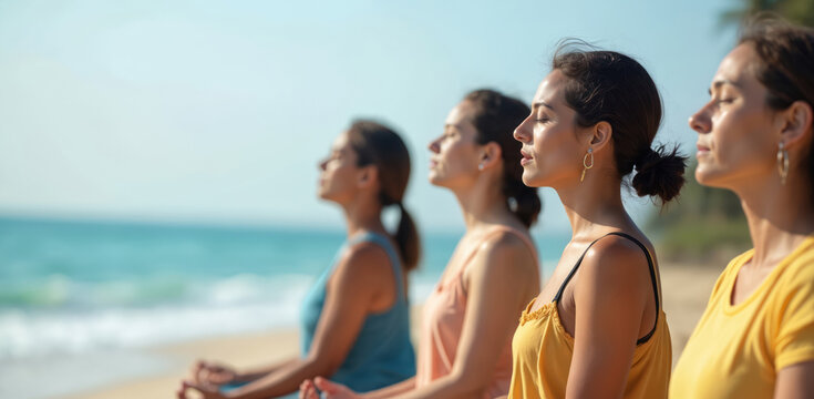 Group of women meditating on beach with eyes closed. They are seated in lotus position. Calm sea and sky on background. Meditation helps with stress.