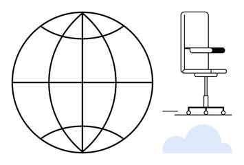 Outline globe beside a sleek office chair and cloud. Ideal for remote work, globalization, networking, technology, modern office design, digital collaboration, simple flat metaphor