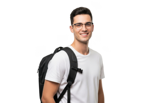 Smiling young man wearing glasses and a white t shirt with a backpack on his shoulder isolated on transparent background