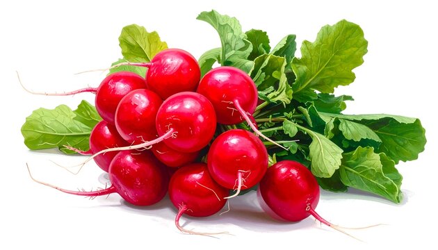 A bundle of vibrant red root vegetables with green leafy tops