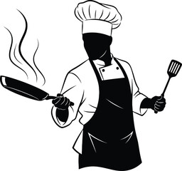 Chef in uniform with apron holding a frying pan and spatula.