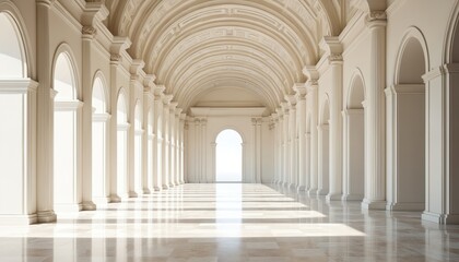 Long white marble hall with arched ceiling and columns. Sunlight shines on the floor creating reflections. Endless perspective leads to bright archway. Architectural interior.