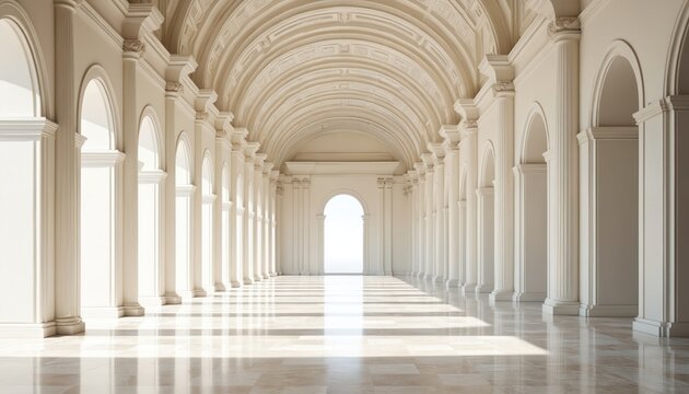 Long white marble hall with arched ceiling and columns. Sunlight shines on the floor creating reflections. Endless perspective leads to bright archway. Architectural interior.