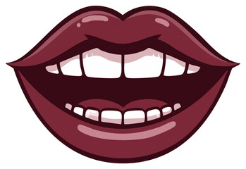 Naklejka premium Mouth with Open Lips and Teeth in Cartoon Style with Maroon Lipstick