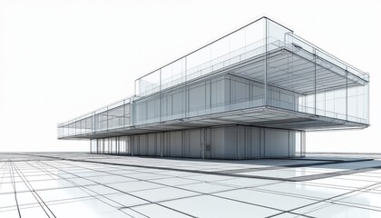 Modern 3D wireframe structure shown as architectural blueprint design. Minimalist building features transparent walls, grid ground. Future tech concept for urban development, city planning,