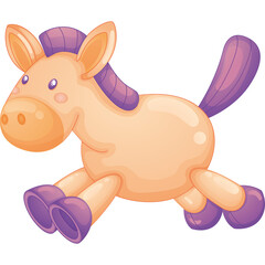 Cute cartoon horse toy with purple mane and tail in a playful running pose against a transparent background