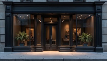 Minimalist black storefront with glass doors, windows lit by spotlights. Inside view display tables, plants. Modern commercial building exterior creates upscale atmosphere, inviting customers for