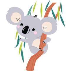 Cute cartoon koala animal clinging to a brown tree branch with green and yellow leaves against a white background with a transparent background