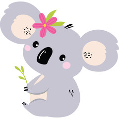 Cute cartoon koala bear wearing a pink flower and holding a green leaf branch isolated on a transparent background whimsical illustration for children