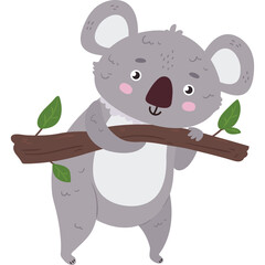 Cute Cartoon Koala Holding Onto Tree Branch With Green Leaves Transparent Background High Detail Vector Art