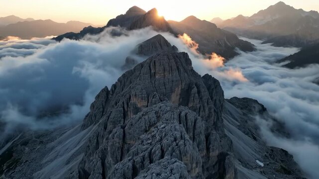 A breathtaking aerial view of rugged mountain peaks emerging from a sea of clouds, with the warm glow of the sunrise illuminating the rocky terrain - mountain top view