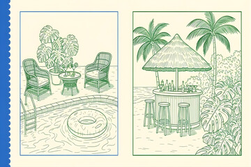 Tropical vacation resort scenes illustration