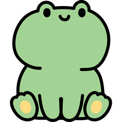 Cute cartoon green frog with yellow spots on its feet sitting and looking forward isolated on a transparent background