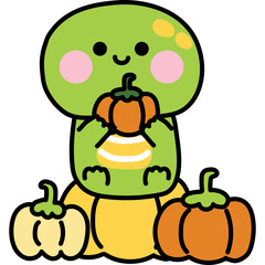 Cute Cartoon Green Turtle Character Wearing Yellow Outfit Holding Small Orange Pumpkin Surrounded by Pumpkins on Transparent Background with Pink Cheeks and Yellow Spots