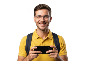 Smiling young man wearing glasses and a yellow polo shirt holding a smartphone horizontally playing a game isolated on transparent background