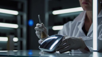 technician with gloved hands inspecting sleek medical device using probe and magnified light, reflective surface and sterile bench, careful quality control and calibration in modern lab