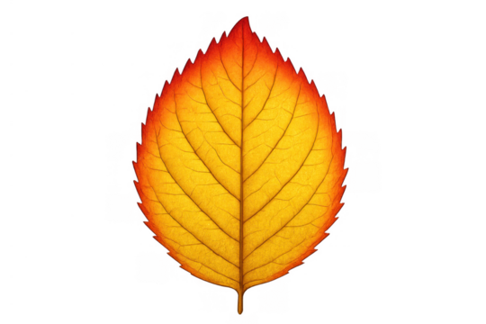 Autumn leaf displaying vibrant yellow and orange colors, serrated edges, and clear vein structure on transparent background