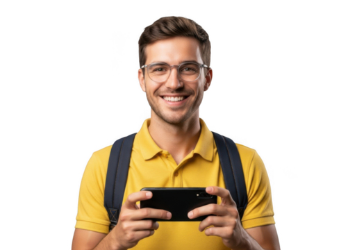Smiling young man wearing glasses and a yellow polo shirt holding a smartphone horizontally playing a game isolated on transparent background - Powered by Adobe