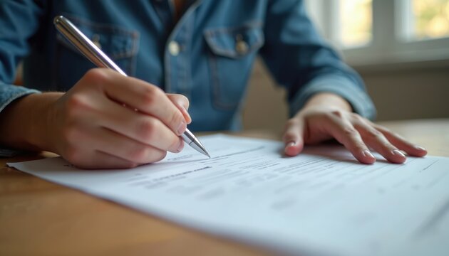 Person fills document with a pen. Writing on paper form or contract. Hands of a person sign paper at desk. Woman writes at home or in office.
