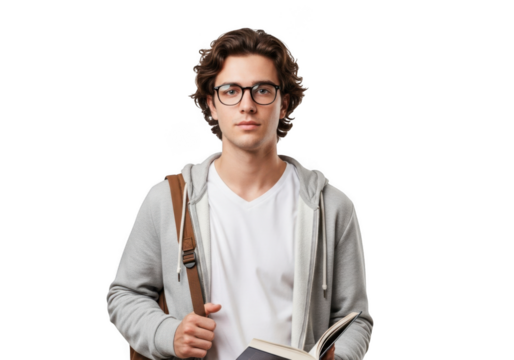 Young male student with glasses and backpack standing confidently isolated on transparent background