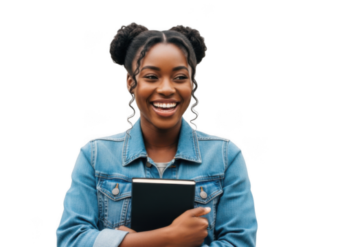 Young african american woman with braided hair styled in buns wearing a denim jacket holding a book isolated on transparent background