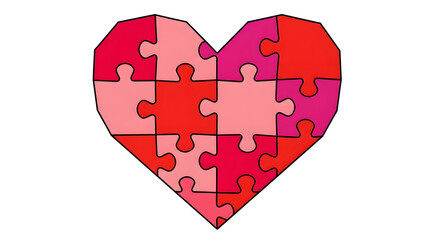 Heart-shaped puzzle with pink and red pieces on a white background.