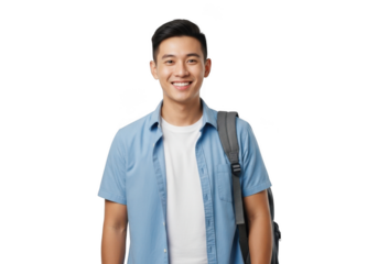 Young asian man with glasses wearing a blue shirt and carrying a backpack smiling happily isolated on transparent background