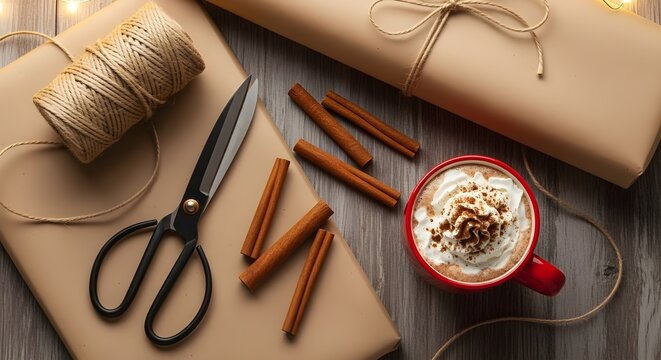 Overhead shot of a cozy christmas scene with wrapped gifts, cinnamon sticks, scissors, twine, and a red mug of hot chocolate with whipped cream