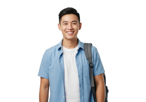 Young asian man with glasses wearing a blue shirt and carrying a backpack smiling happily isolated on transparent background