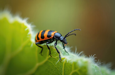 Naklejka premium Black and orange striped beetle insect crawls on hairy green leaf. Small arthropod macro closeup shows detail of antennae and body. Wild creature moves on plant in nature outdoors.