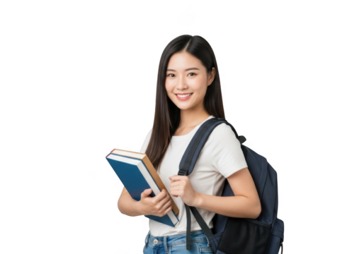 Young asian student with a backpack and books smiling confidently isolated on transparent background