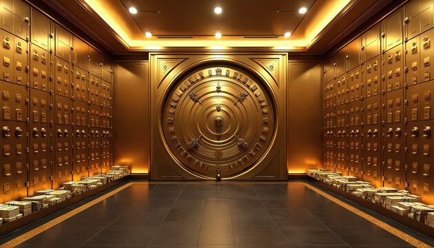 Grand bank vault interior with golden walls filled with deposit boxes. Massive round door features intricate lock mechanism. Stacks of cash, gold bars line floor. Luxurious safe room offers ultimate