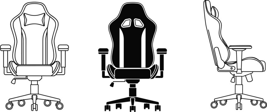 Gaming chair vector, ergonomic seat design, office chair illustration, adjustable armrest sketch, high backrest view, modern furniture, comfort seating art