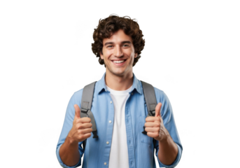 Young man with curly hair wearing a blue shirt and backpack gives a thumbs up gesture isolated on transparent background