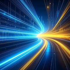 Digital art showing a tunnel of blue and gold light trails converging towards a central, bright point against a dark blue background